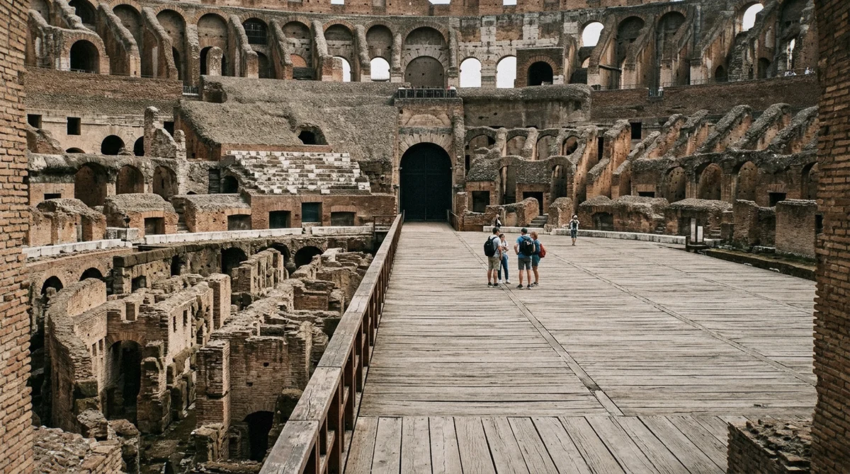 The gladiators' gate opening onto the reconstructed Colosseum arena floor above the hypogeum in Rome
