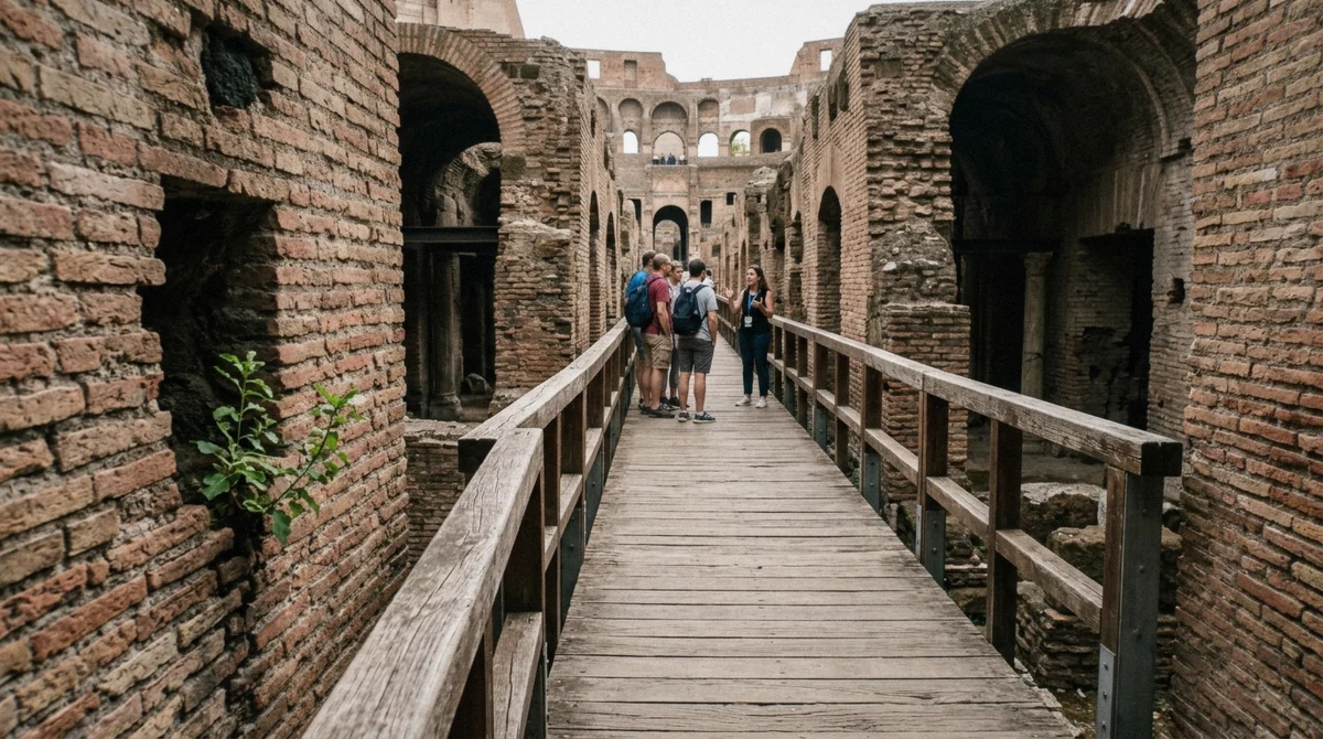 The raised walkway through the brick corridors of the Colosseum hypogeum in Rome