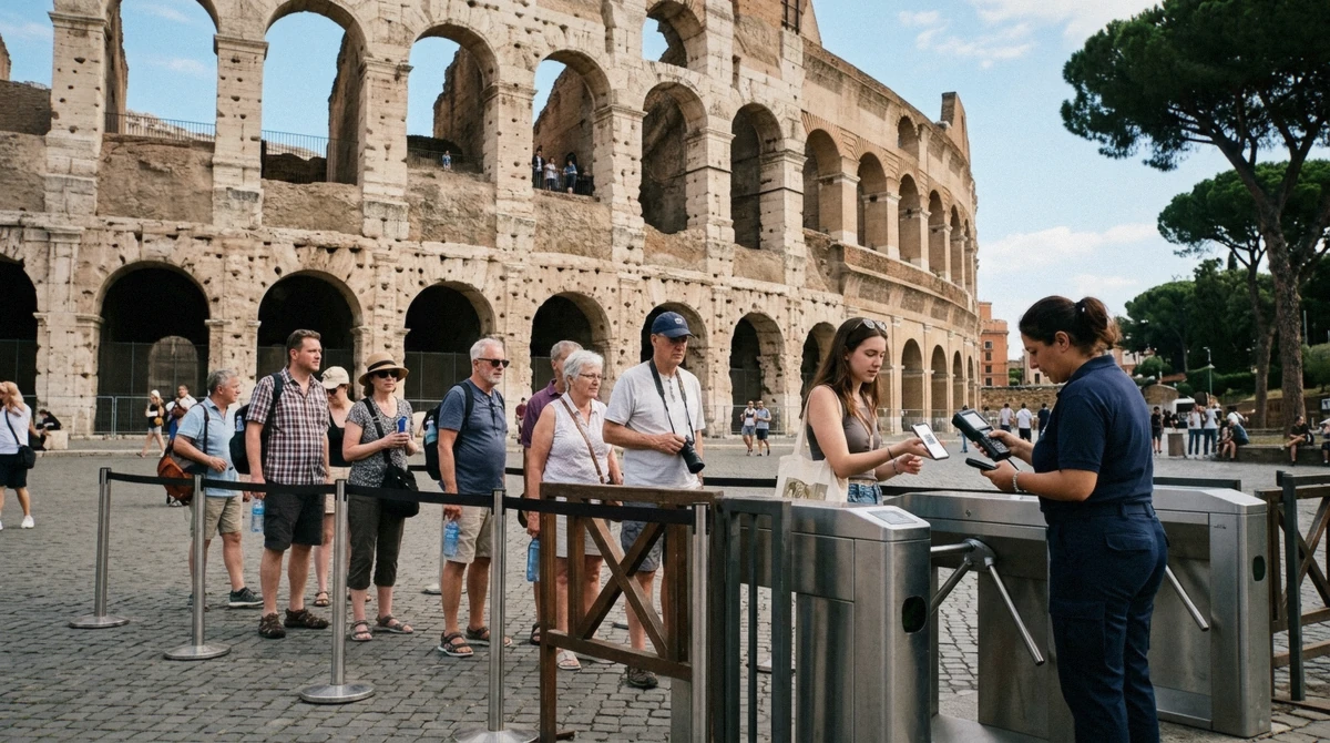 Timed entry gate at the Colosseum where a Full Experience ticket is scanned, Rome